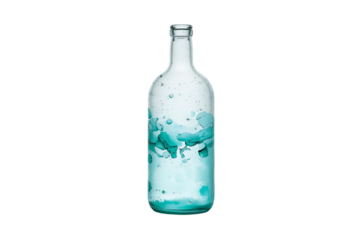 Clear glass wine bottle with swirling blue and green liquid inside