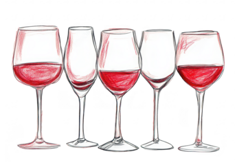 A collection of five elegantly designed wine glasses filled with rich red wine. various shapes and sizes. set against a minimalist background that emphasizes their beauty and sophistication