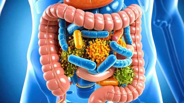 Human body anatomy showing digestive system bacteria, gut flora, intestinal microbiome, healthy microbes and human colon