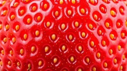 Bright red strawberry close-up showcasing its unique texture and tiny seeds held against a plain background