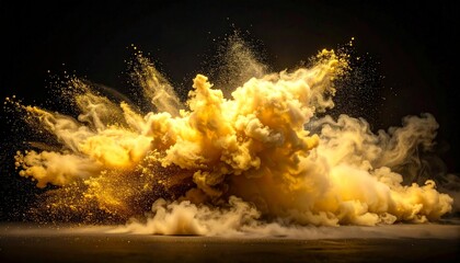 An explosive, golden burst of vibrant dust fills the frame, creating a dynamic and energetic visual of power and impact. The contrast of light and shadow, the fine textures.
