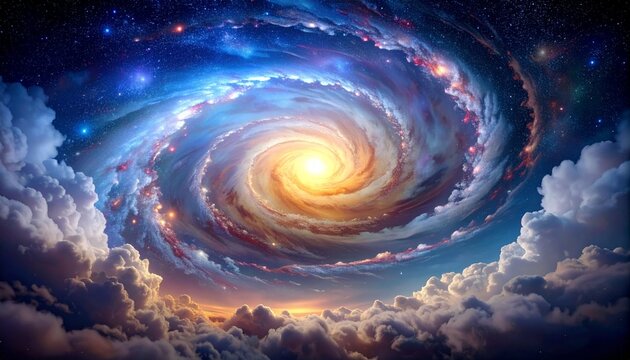 A breathtaking spiral galaxy illuminates the heavens, its swirling arms a tapestry of starlight and cosmic dust. The galactic core shines with celestial brilliance.
