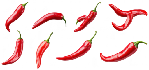 A arrangement of fresh red chili peppers displayed on a clean white background. various shapes and sizes. perfect for culinary use and food photography