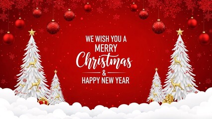 Festive christmas scene with white trees and ornaments on a red background wishing merry christmas