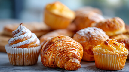 Freshly baked pastries in a bakery window with golden croissants, flaky tarts, and soft muffins creating a mouthwatering display