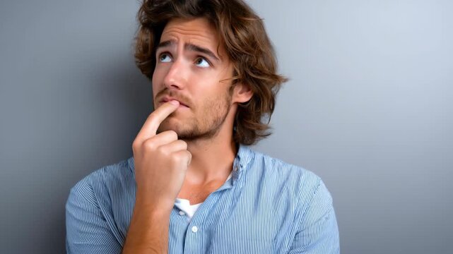 A man pondering a question, lost in thought, showing emotion through expression. He has a pensive look on his face, a gesture touching his chin