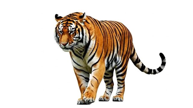 Animated Tiger Strides on a Plain Background: Digital Rendering of a Majestic Animal
