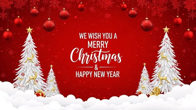 Festive christmas scene with white trees and ornaments on a red background wishing merry christmas - Powered by Adobe