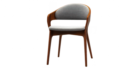 A stylish wooden chair with a gray upholstered seat and backrest. positioned against a clean white background. modern design elements suitable for contemporary interior decor