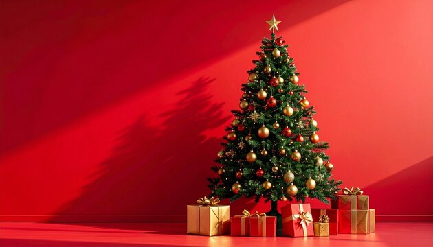 Decorated Christmas tree with gold and red ornaments, presents below, solid red festive background.