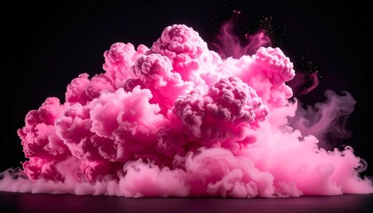 A vibrant pink cloud explodes dramatically against a dark backdrop. The dynamic composition and striking color palette evoke a sense of power, change, and artistic flair.