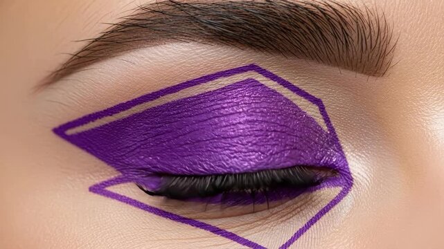 Bold geometric eye makeup with vibrant purple and precise eyeliner application