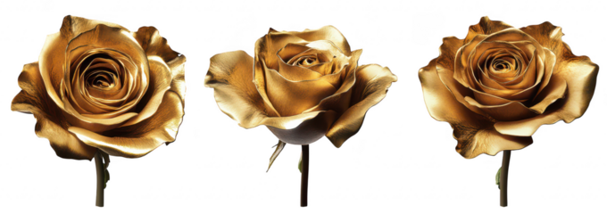 A stunning trio of golden roses arranged elegantly. their intricate petals and metallic sheen. set against a clean white background. perfect for decorative or gifting purposes