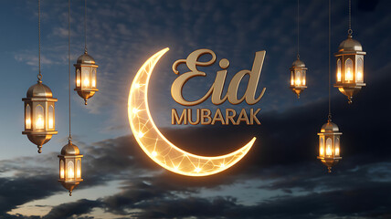 Eid mubarak crescent moon and lanterns