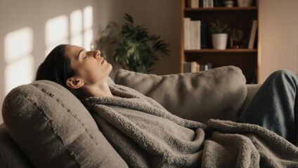 Relaxed Woman Resting on Sofa with Blanket in Cozy Living Room.