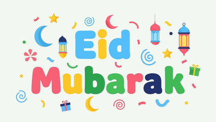 Fototapeta premium Colorful Eid Mubarak Illustration with Festive Decorations and Celebratory Text Design