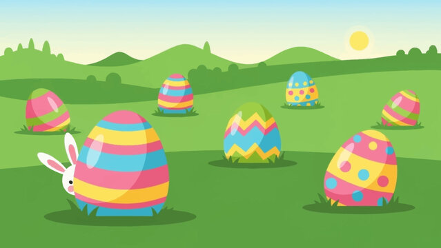 Easter bunny hiding behind a colorful decorated egg during a traditional spring holiday egg hunt in a green meadow