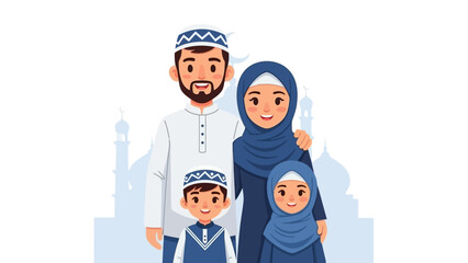 Happy Muslim Family Portrait with Mosque Background Vector Illustration