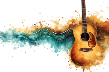 Acoustic guitar with colorful paint splashes and musical notes
