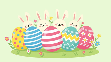 Cute Easter Bunnies and Decorated Eggs on a Grassy Field with Flowers