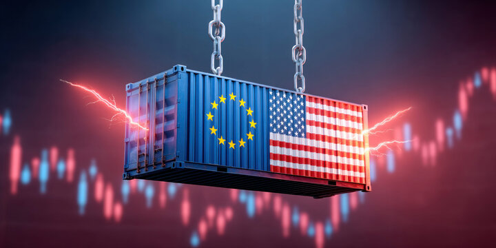 Conceptual image of trade relations between the United States and European Union with charts