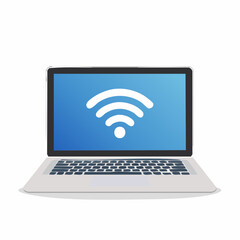A laptop computer displaying a white Wi-Fi signal icon on its blue screen, representing wireless internet connectivity.