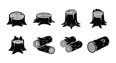 Black and white illustration of tree stumps logs and cross sections