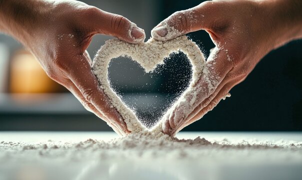 Hands delicately shaping flour into a heart, representing love and the joy of baking.