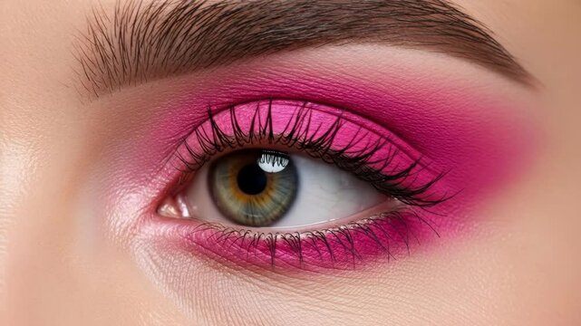 Vibrant pink eye makeup application showcasing bold beauty and detailed technique