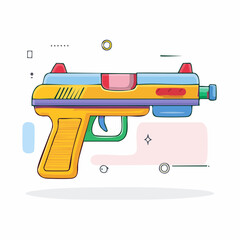 A vibrant and colorful cartoon illustration of a toy water gun, featuring bright yellow, blue, red, and green colors on a white background with abstract shapes.