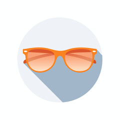 Flat design icon of orange sunglasses with gradient lenses and a long shadow on a light blue circle background.