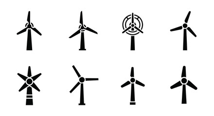 Collection of diverse wind turbine designs shown in a simple black and white illustration