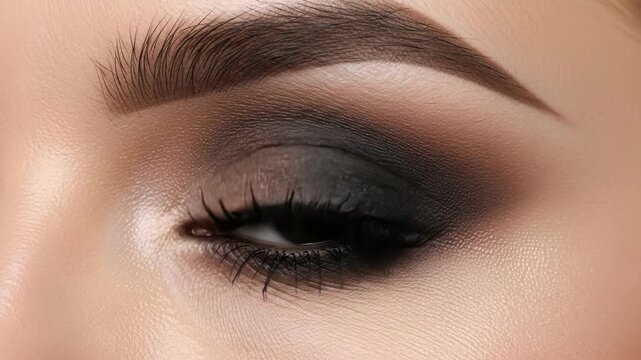 Elegant eye makeup sequence with smokey eyeshadow and dramatic blink