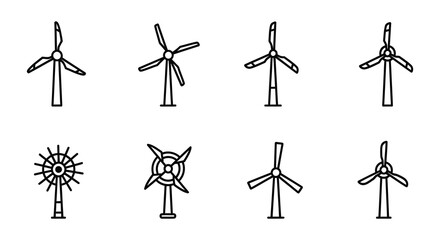 Collection of diverse wind turbine designs shown in a simple black and white illustration