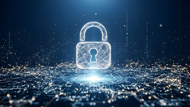 Cyber Security Padlock Icon on Digital Network Background - Powered by Adobe