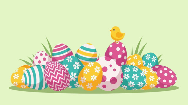 Vibrant collection of decorated Easter eggs with a cute yellow chick on a spring grass field, perfect for holiday celebrations and festive designs