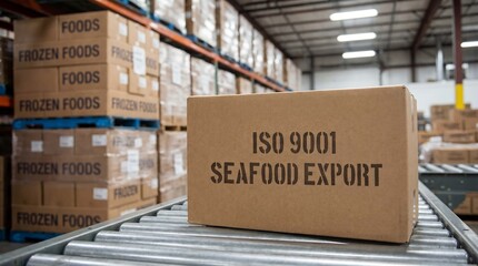ISO 9001 seafood export certified warehouse with stacked boxes on conveyor system for international food distribution compliance