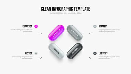 Digital Strategy 4 Step Infographic Frame Design. Market Launch Four Element Diagram Slideshow Template. Investor Growth Slide Layout Vector Illustration.