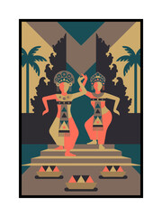 Traditional Dancers Performing in Front of Temple Silhouette