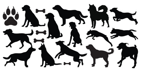 Dog Silhouette Vector Set – Pet Animal Icons, Paw Print, Bone Elements Collection