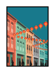 Historic Shophouses Decorated With Lanterns at Night