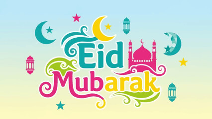 Vector illustration of a colorful Eid Mubarak greeting with a mosque silhouette, crescent moons, and festive lanterns for an Islamic holiday