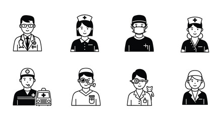 Diverse healthcare professionals depicted as simple black and white line art icons