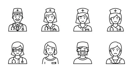 Diverse healthcare professionals depicted as simple black and white line art icons