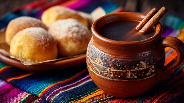 Traditional Mexican caf de olla a clay mug with cinnamon sticks and piloncillo sugar served alongside pan dulce on a colorful cloth