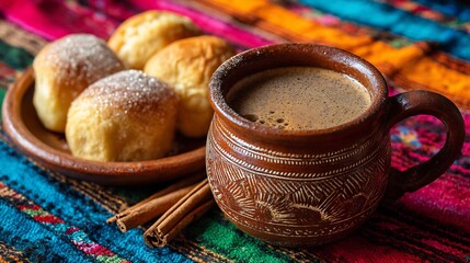 Traditional Mexican caf de olla a clay mug with cinnamon sticks and piloncillo sugar served alongside pan dulce on a colorful cloth