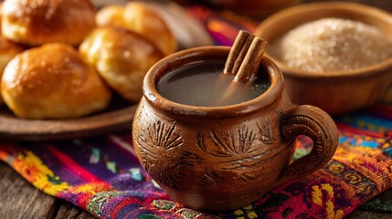 Traditional Mexican caf de olla a clay mug with cinnamon sticks and piloncillo sugar served alongside pan dulce on a colorful cloth