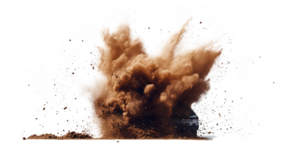 A dynamic scene capturing a car driving through a cloud of dust. creating a dramatic explosion of dirt. set against a clean white background. ideal for automotive or action-themed content