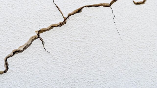 This close-up footage showcases a prominent, expanding crack in a textured white wall, indicating significant structural damage to a building.