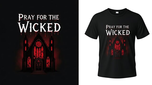 Pray for wicked dark gothic church horror artwork dripping text t-shirt design print illustration